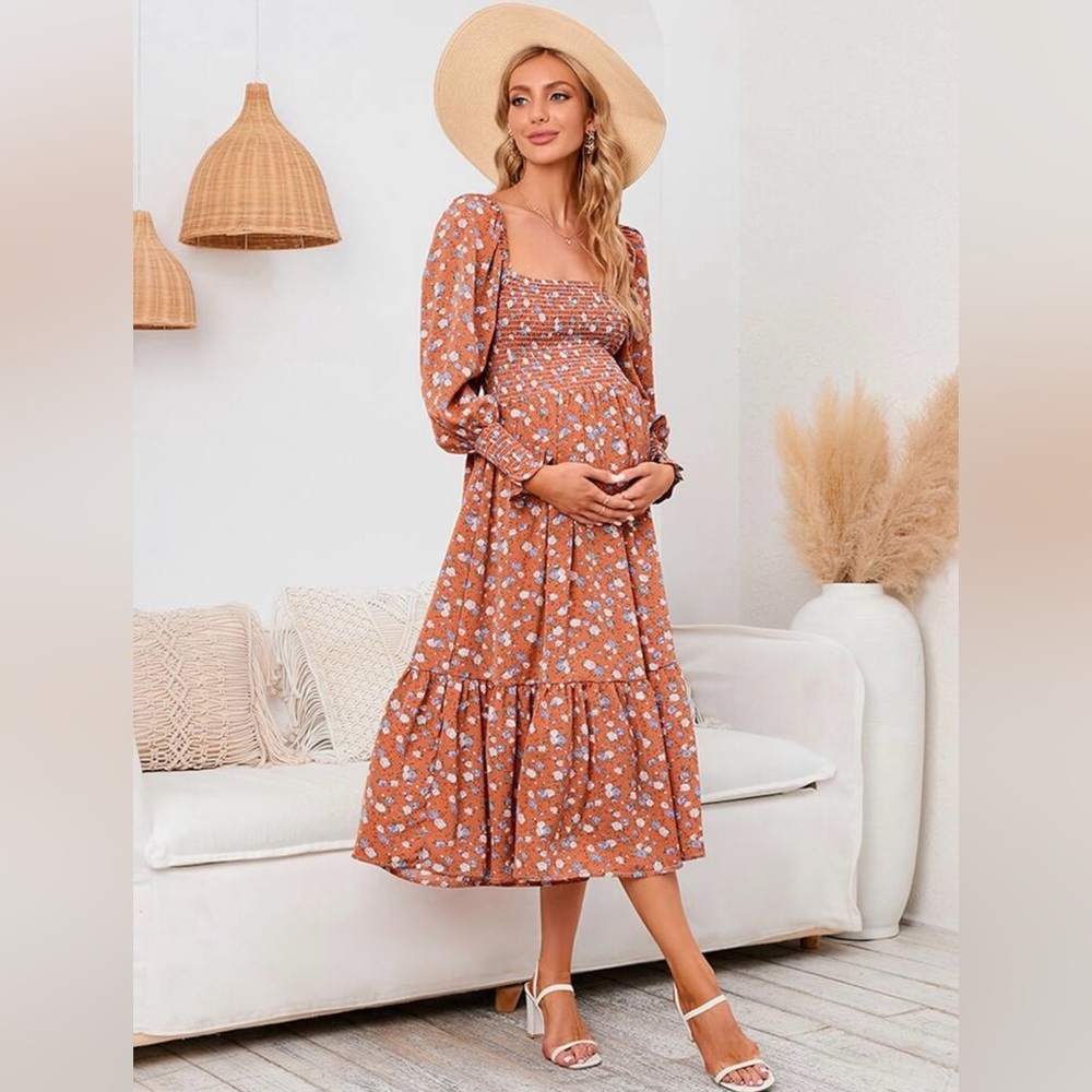 Rust Floral Maternity Midi Dress with Puff Sleeves